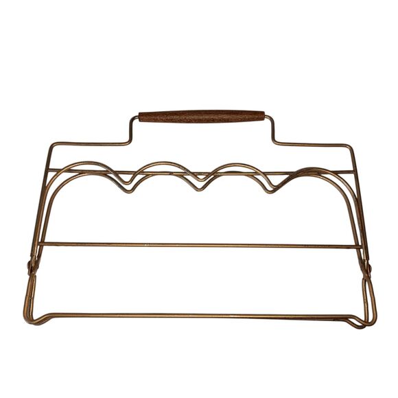 Vintage Mid-century Modern Gold Metal  8 Glass Holder Caddy Wooden Handle - Picture 4 of 10